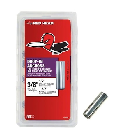 Red Head Short Drop-In Anchor, 3/8" Dia, 1/2" L, Steel 50 PK 01891